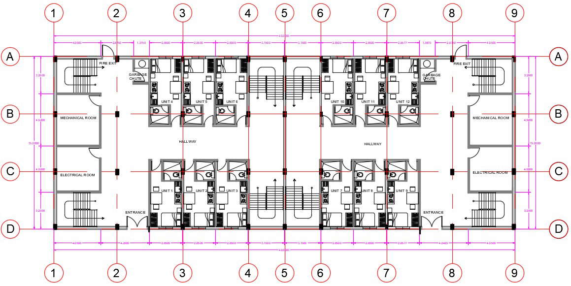 Employee Residence Floor Plan Drawing With Center Line CAD Drawing