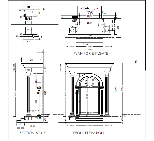 Entrance view with column and sectional detail - Cadbull