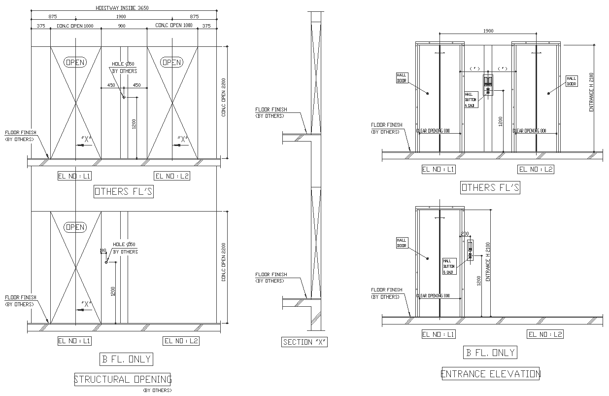 Entrance elevation and structural opening on every floor details with ...