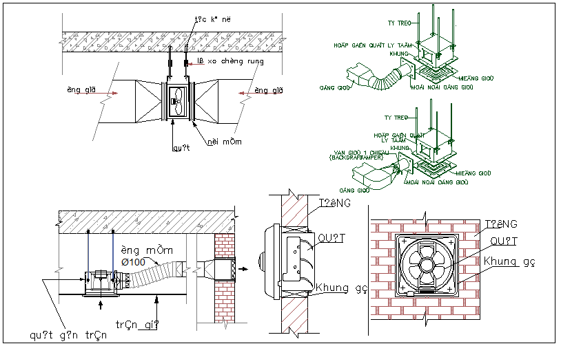 Exhaust fan connection detail and section view detail dwg