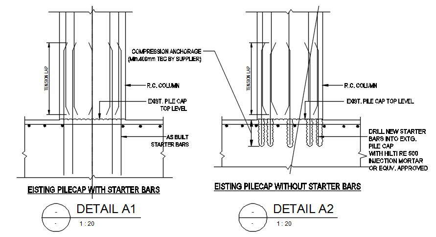 Existing Pile Cap With And Without Starter Bars Typical Section Details Are Given In This 2d Autocad Dwg Drawing Cadbull