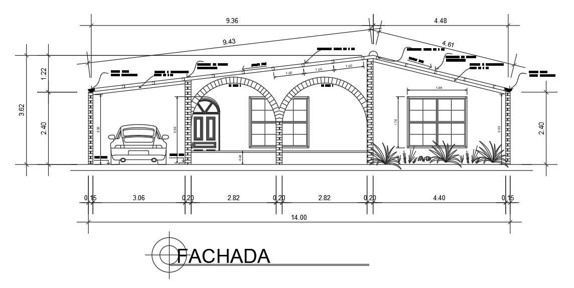 Fachada's rear elevation design of the house. Download now. - Cadbull