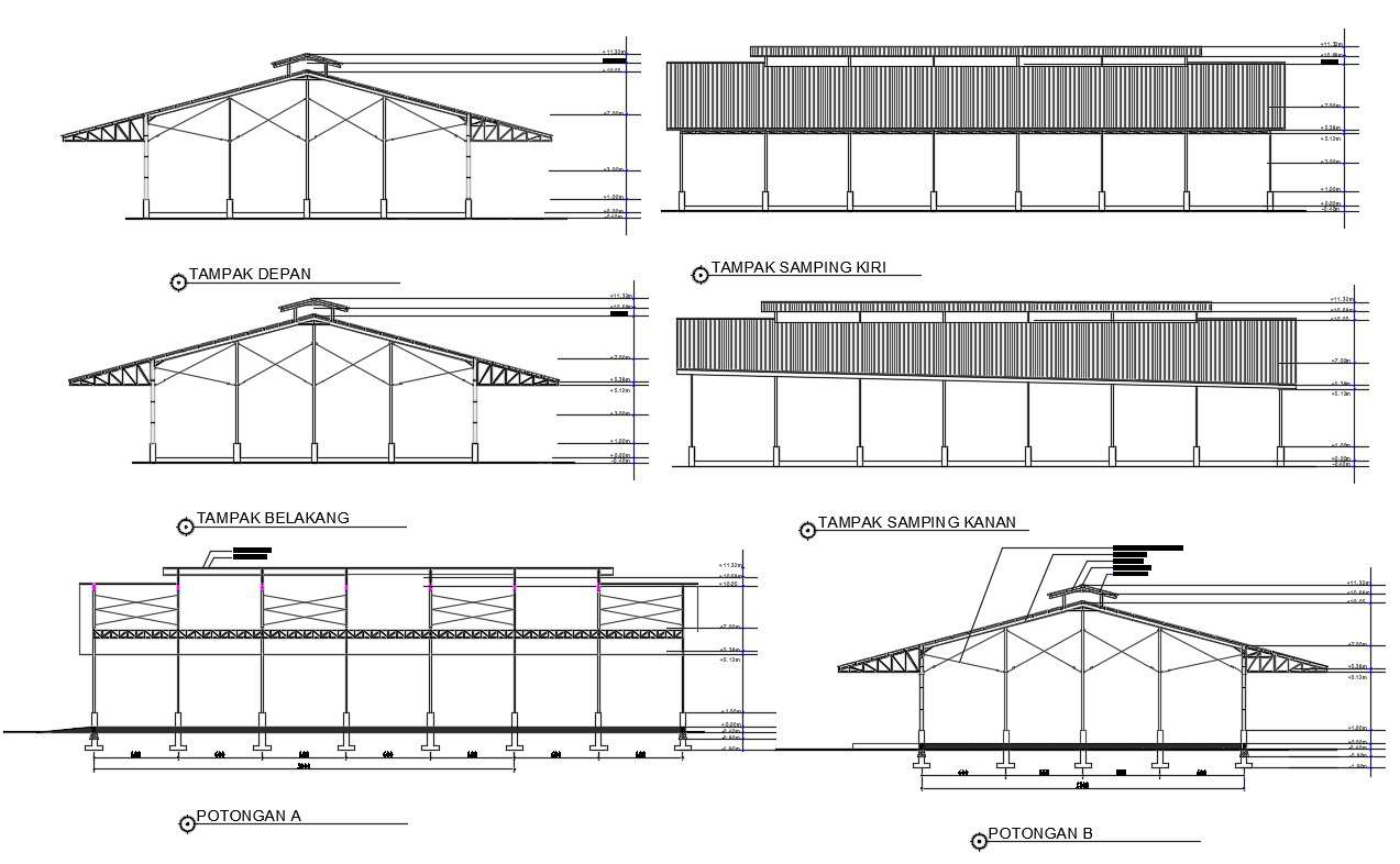 Factory Warehouse design Layout Elevation and Section CAD drawing