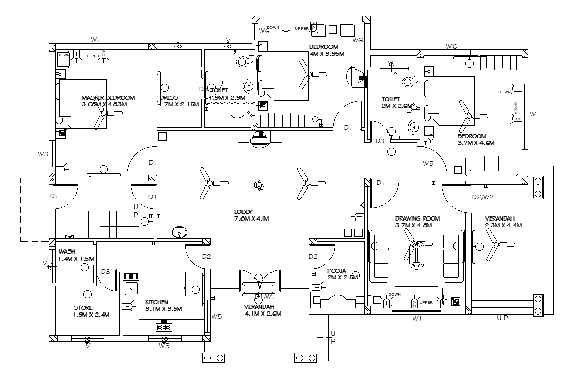 Fan Unit Detail Of 12x8m Ground Floor Villa Plan Is Given In This Autocad Drawing Modeldownload