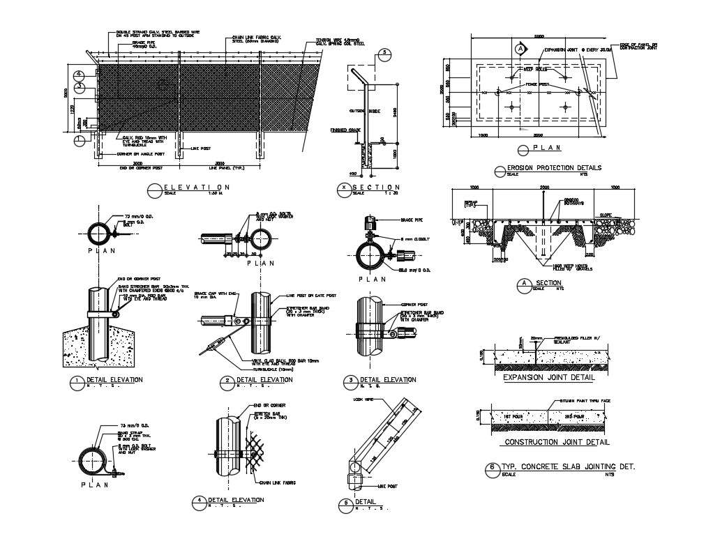 Fence section, plan and constructive structure details dwg file - Cadbull