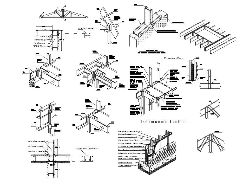 File shows the details of brick finish, steel frame in the autocad 2D ...