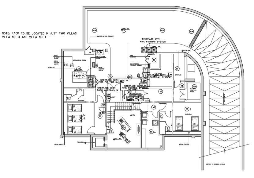 Fire alarm system layout of ground floor plan of villa
