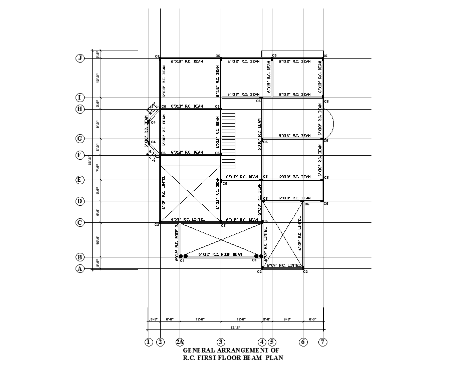 First Floor Beam Arrangement Of 54x54 House Plan Is Given In This Autocad Drawing File