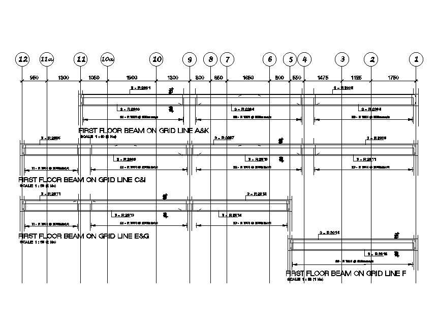 First Floor Beam On Grid Line With Dimensions Are Given In This Autocad Drawing File Download