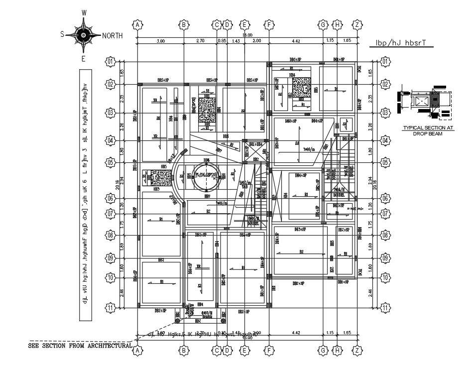 First Floor Main Beam Layout Of 38x40m Villa Plan Is Given In This Autocad Drawing Filedownload