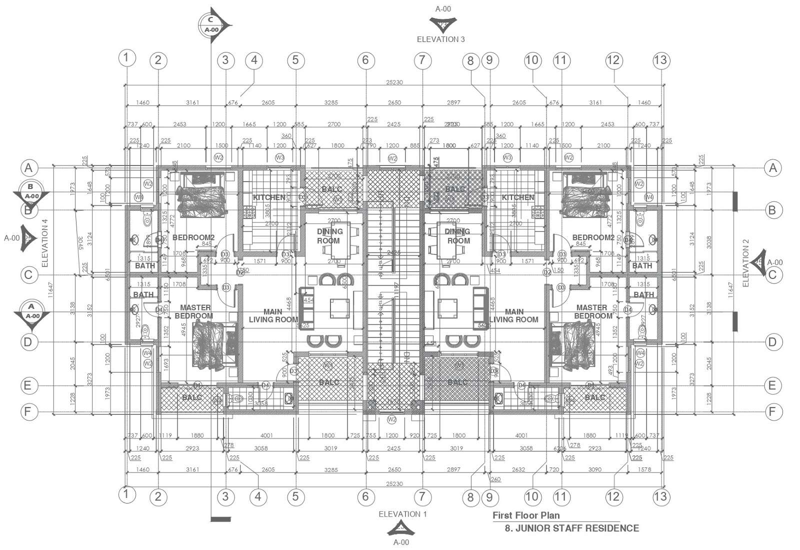 First floor plan junior staff residence with furniture layout dimension ...