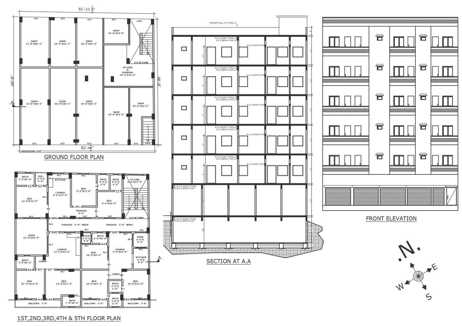 First second third fourth fifth floor plan with elevation section and ...