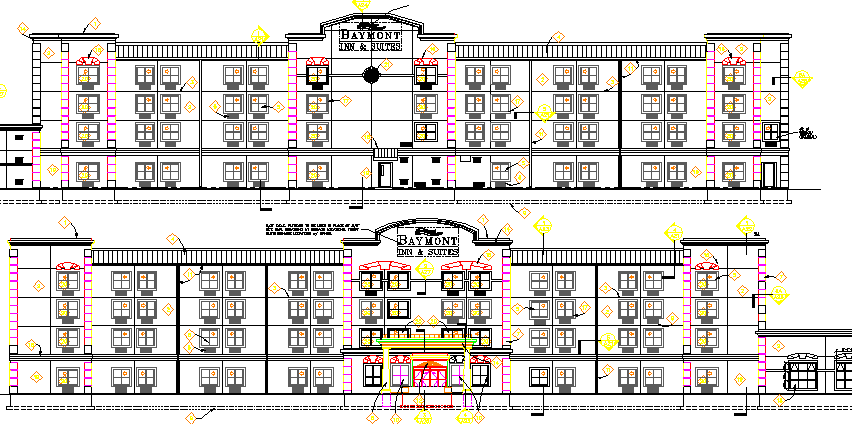 Five Star Hotel Project Front And Back Elevations Dwg File Cadbull