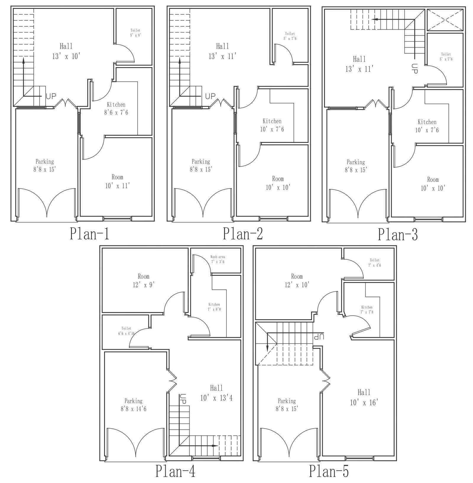 Five options for 1 bhk house plan design with detailed dwg autocad ...