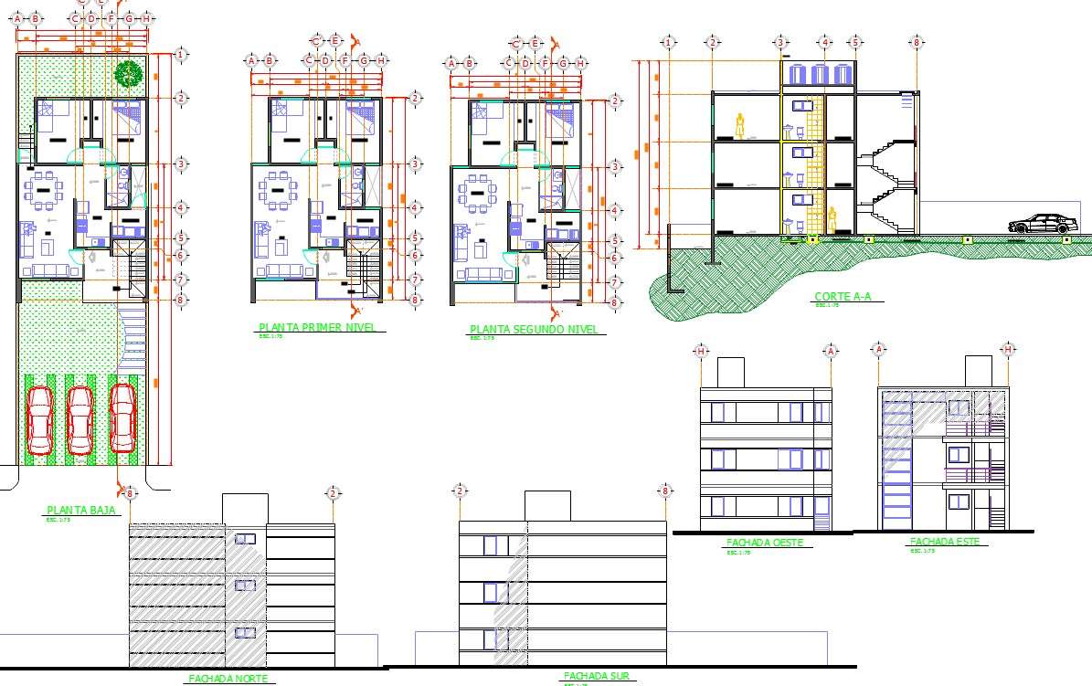 Floor plan,elevation and section view of building dwg file