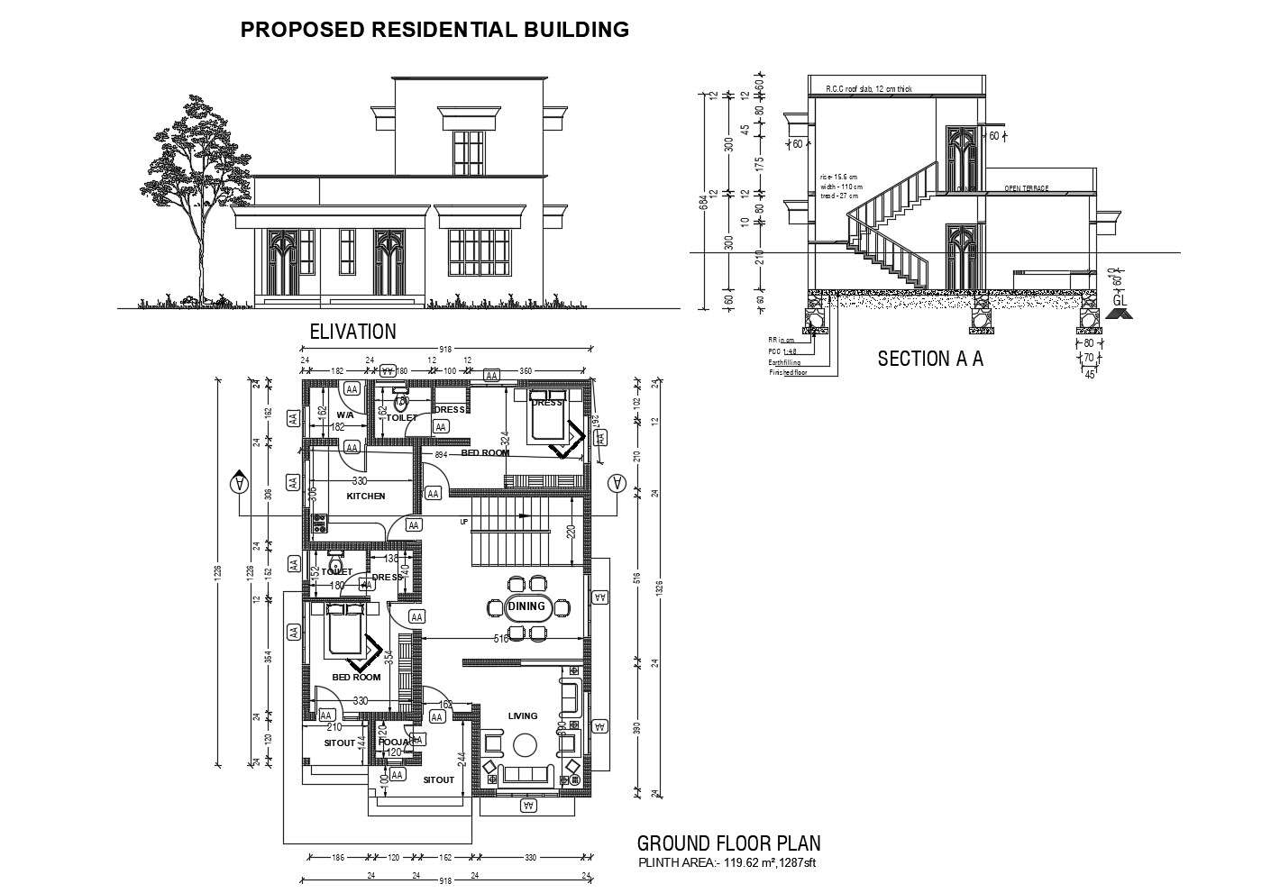 Floor plan of residential building with elevation in dwg file ...