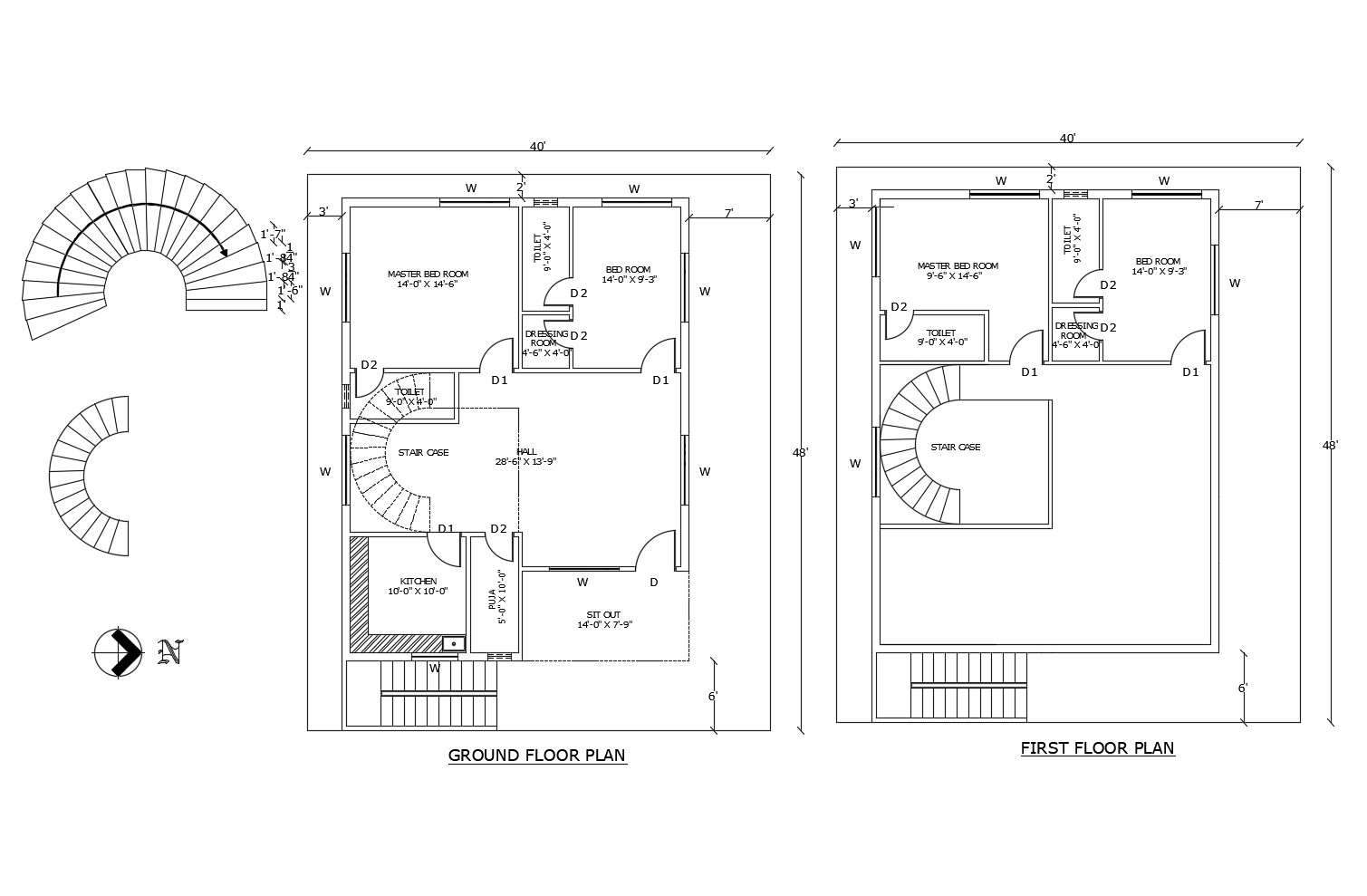 Floor plan of residential house 40' x 48' with detail dimension in
