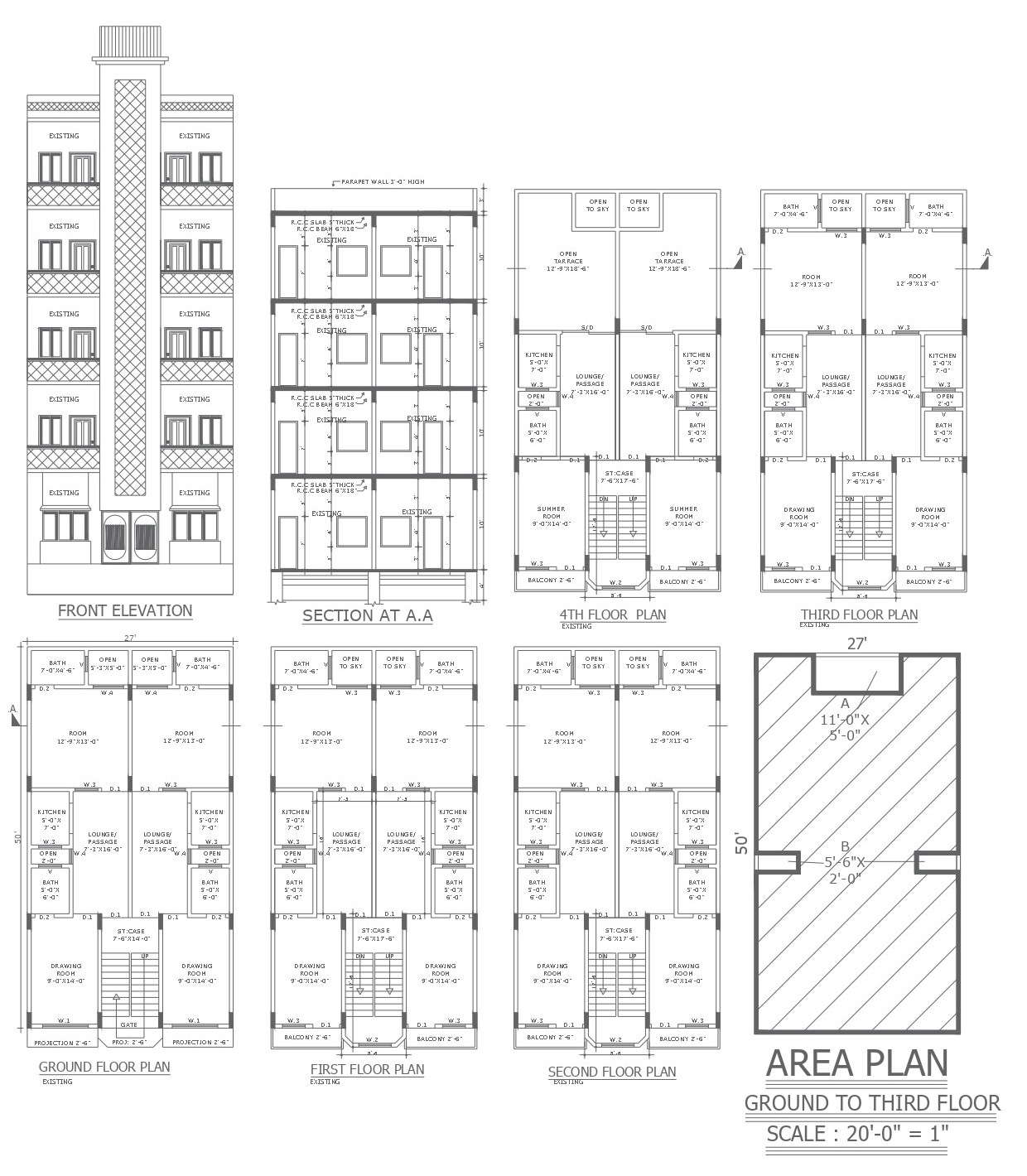 Floor Plan With Section And Elevation Detail For 5-storey Building In 