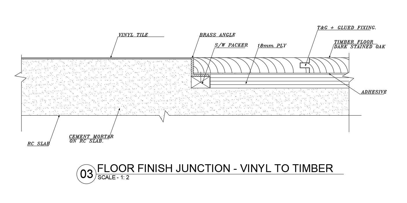 Floor finish junctionvinyl to timber detail in AutoCAD 2D drawing, dwg