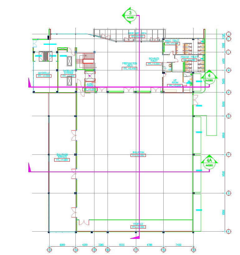 Floor layout plan of the ballroom design is given in AutoCAD 2D drawing ...