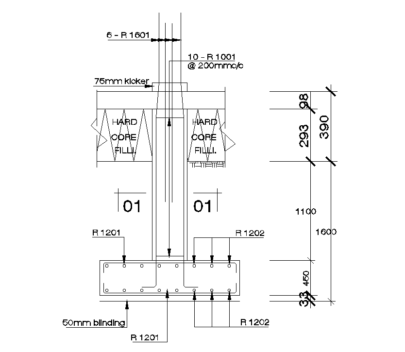 Footing cum column detail of 18x15m house plan of residential building ...