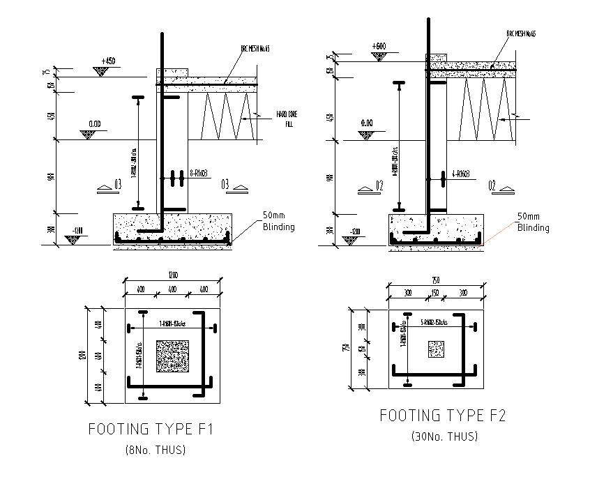 Footing plan and section view is given in this Autocad drawing model ...