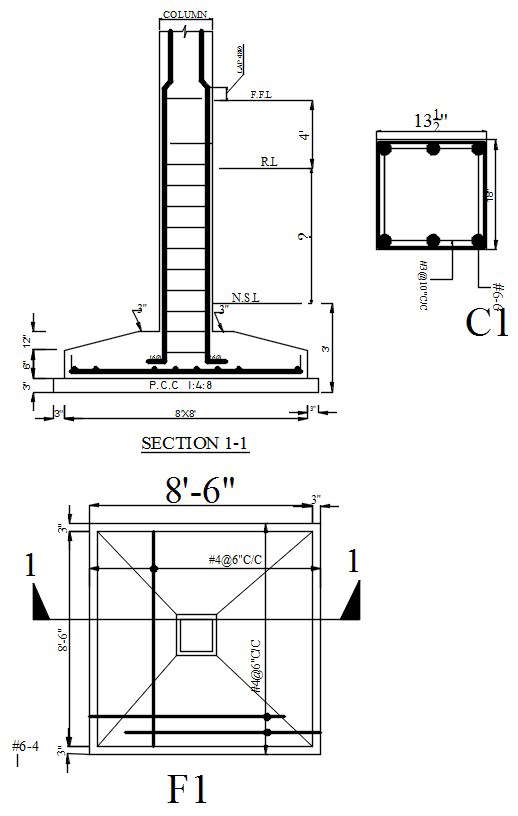 Footing Section And Column Section Design With Reinforcement Details In