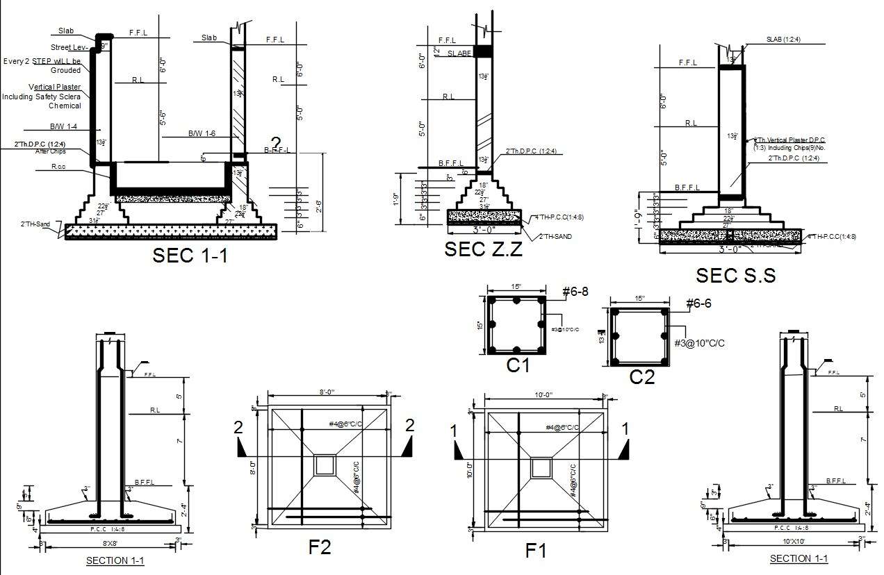 Isolated footing construction details with wall cad drawing details dwg  file - Cadbull