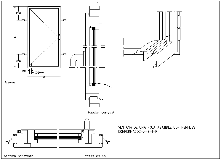 Fordable leaf window design with sectional view dwg file - Cadbull