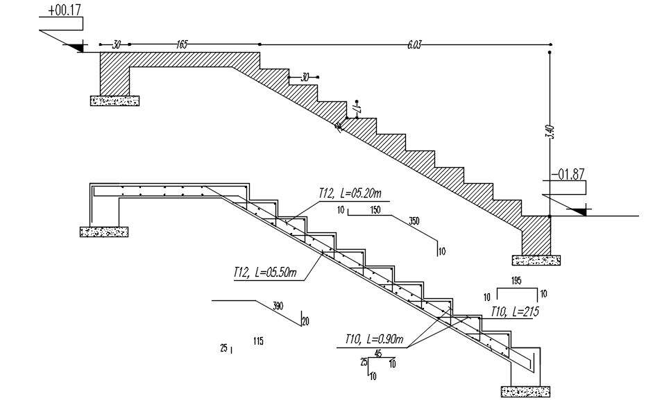 Formwork and reinforcement details of staircase in AutoCAD 2D drawing ...