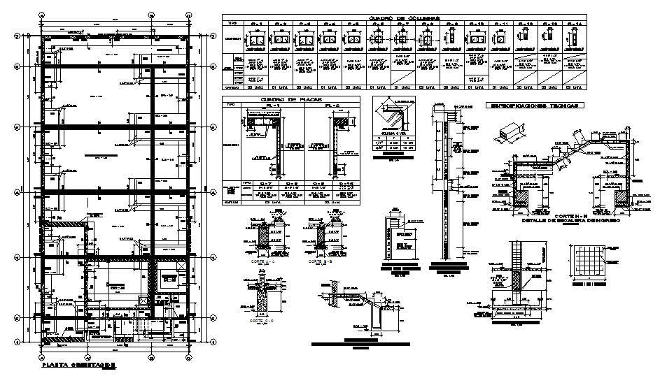 Foundation plan, staircase and construction details with column cad ...