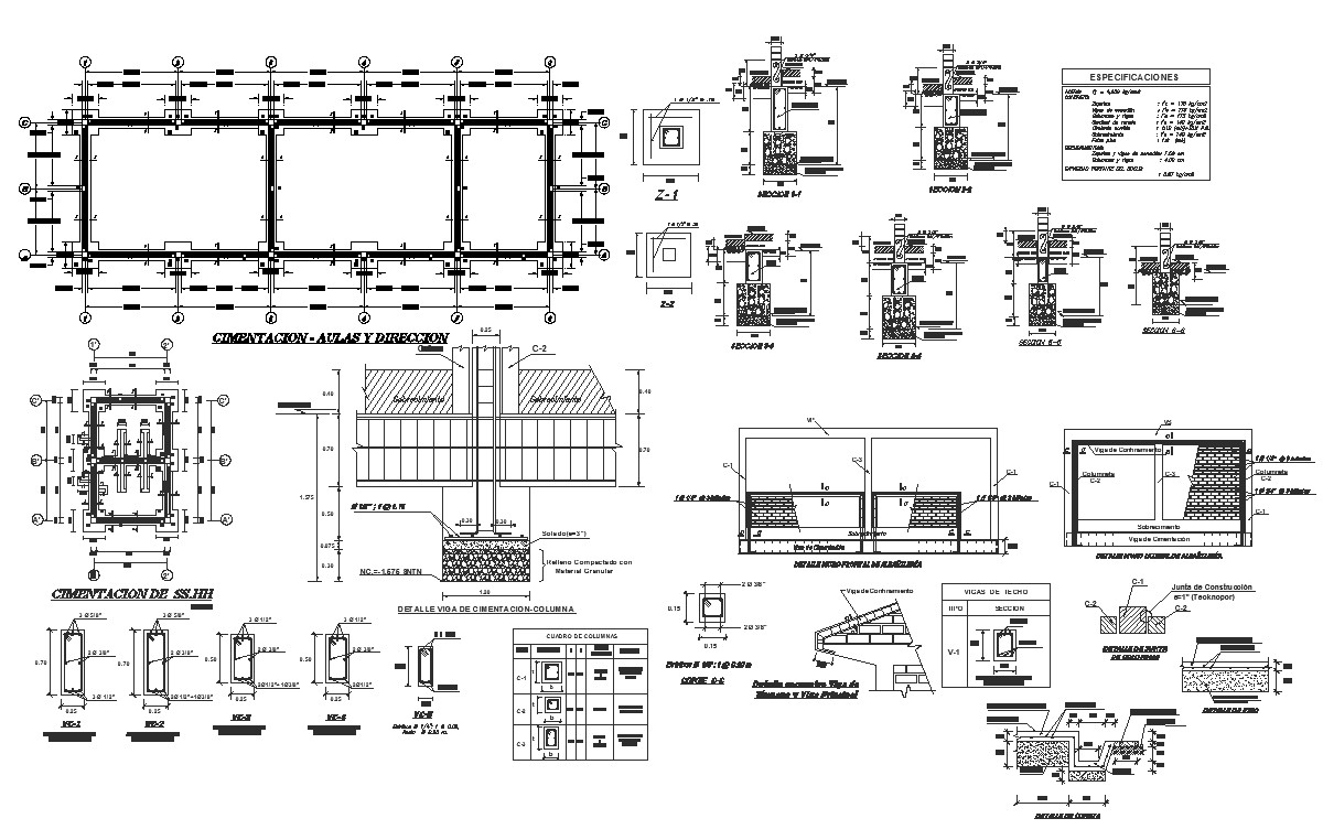 Foundation plan of collage with column and wall detail view dwg file ...