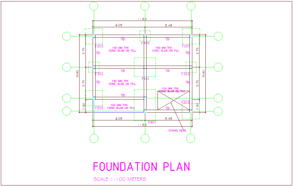 Foundation plan of office building with construction view dwg file ...