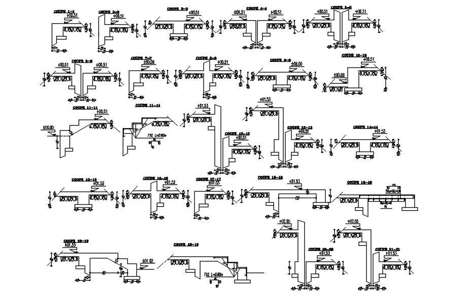 Foundation Footing Component Layout Plan Design And All Section Coffrage Structure In 2d Autocad