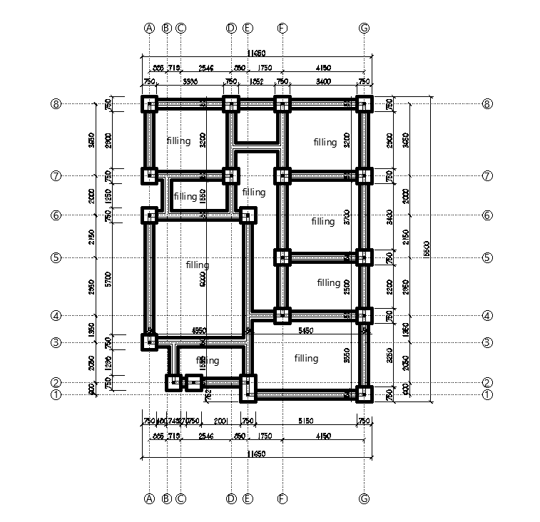 Foundation Layout Of 11x15m House Plan Is Given In This Autocad Drawing File Download Now