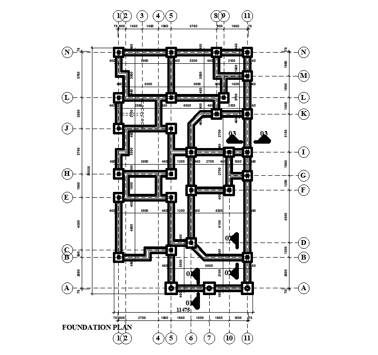 Foundation Layout Of 11x20m Residential House Plan Is Given In This Autocad Drawing File