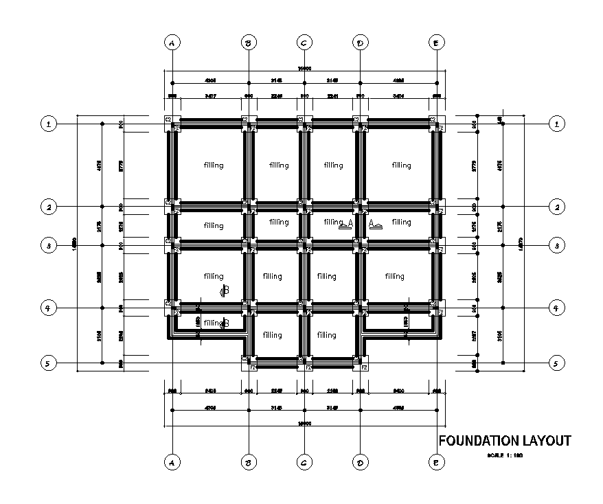 Foundation Layout Of 15x14m Duplex House Plan Is Given In This Autocad Drawing Model Download