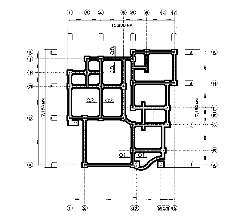 Foundation Layout Of 15x17m House Plan Is Given In This Autocad Drawing File Download Now