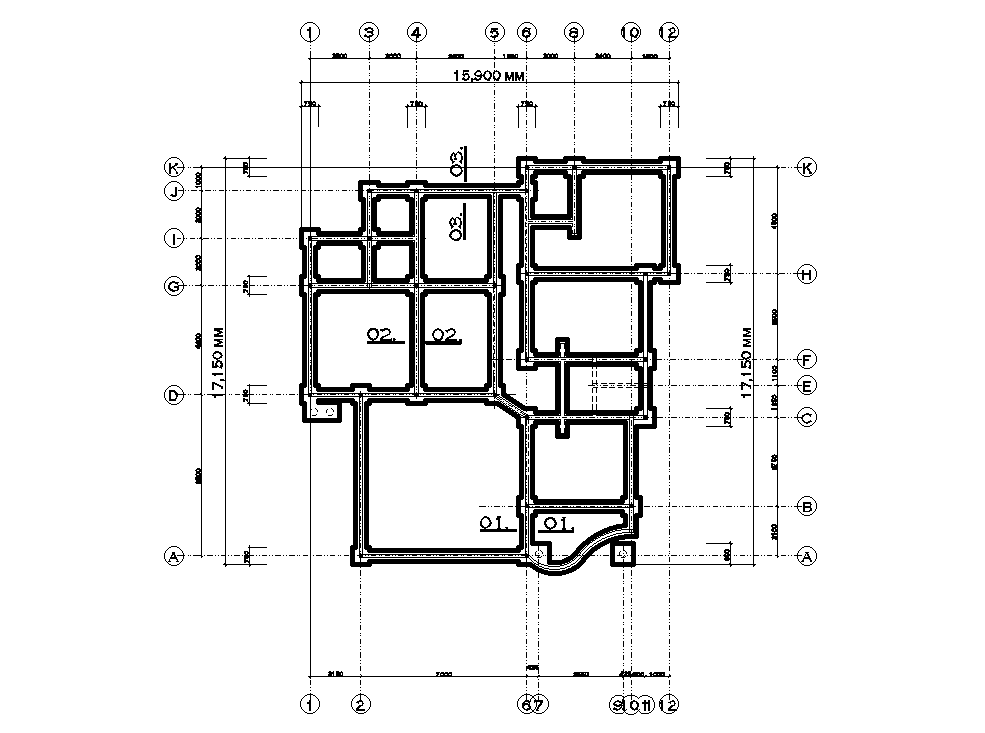 Foundation Layout Of15x17m House Plan Is Given In This Autocad Drawing File Download Now Cadbull