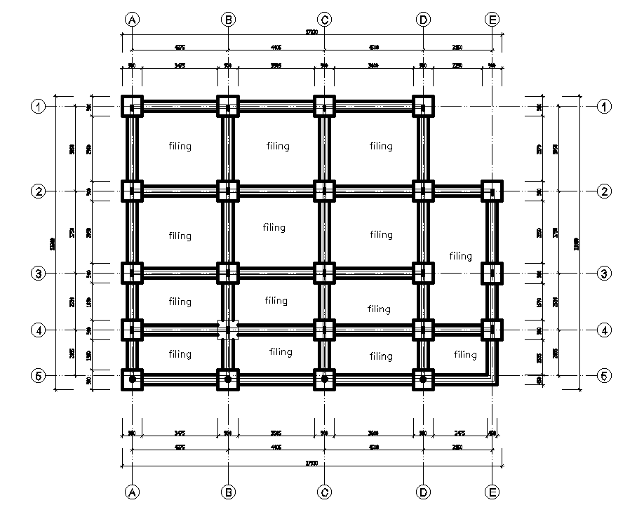 Foundation Layout Of 11x15m House Plan Is Given In This Autocad Drawing Images