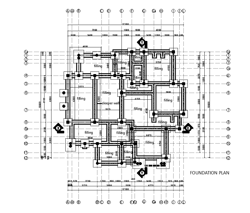 Foundation Layout Of 17x17m Ground Floor House Plan Is Given In This Autocad Drawing File