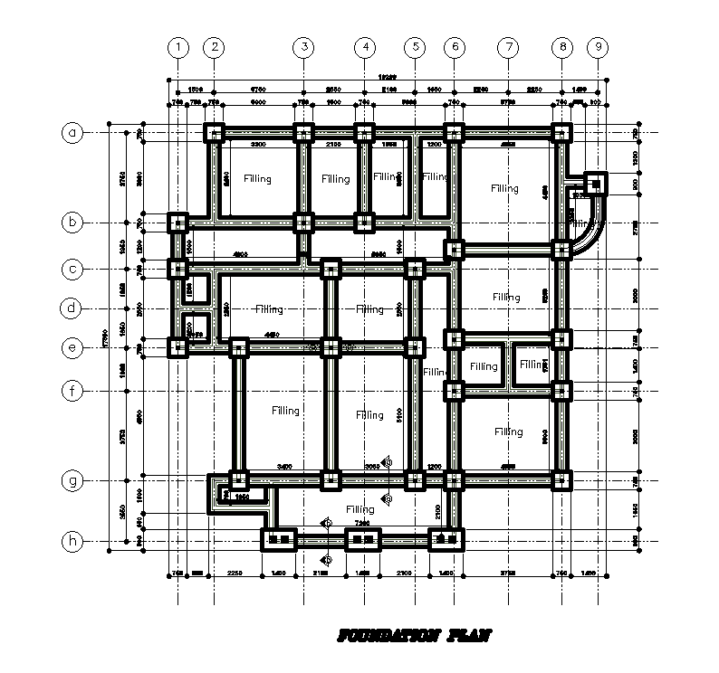 Foundation Layout Of 18x17m Ground Floor Of House Plan Is Given In This Autocad Drawing File