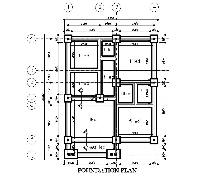 Foundation Layout Of 9x11m Ground Floor House Plan Is Given In This Autocad Drawing File