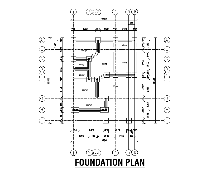 Foundation layout of 9x12m residential plan is given in this Autocad