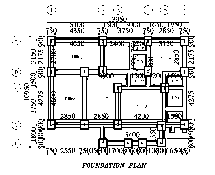 Foundation Layout Of 11x15m House Plan Is Given In This Autocad Drawing Images