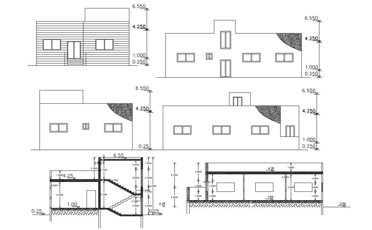 Four Side Elevations And Sections Of House Building Design - Cadbull