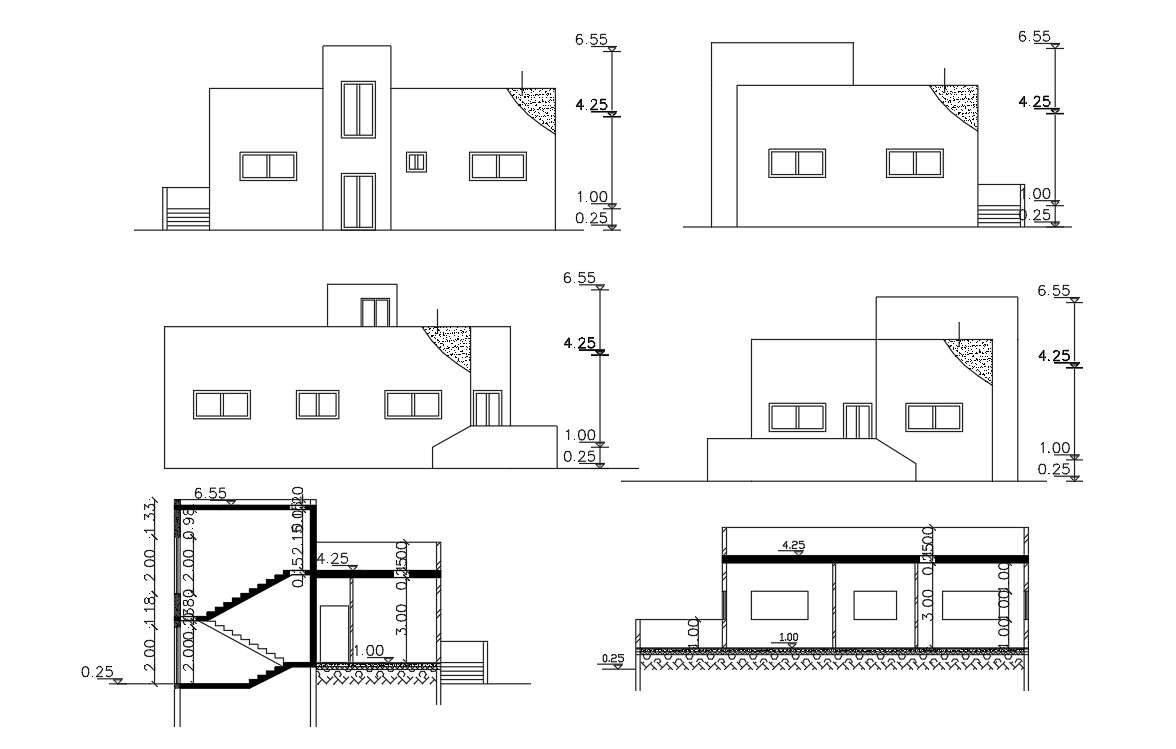 Four Side Elevations And Two Sections AutoCAD File - Cadbull