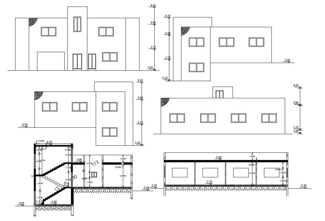 Four Side House Elevations And Sections AutoCAD Drawing - Cadbull