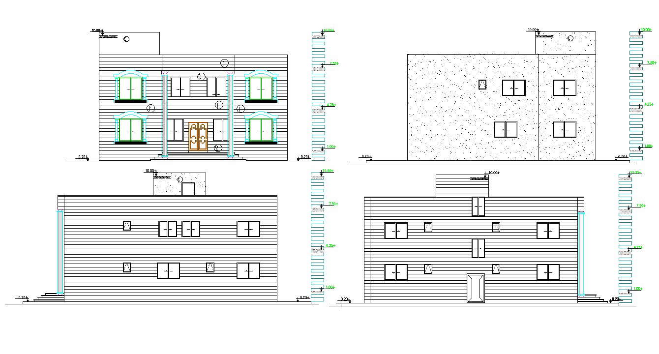 Four Side Modern Architecture Elevation Of Two Story Building - Cadbull