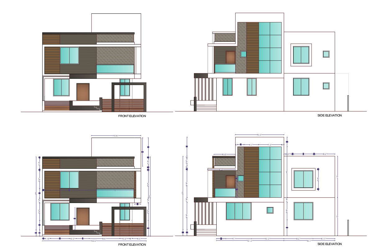 Four Side Modern Elevation Of Bungalow With Basic Rendered AutoCAD ...